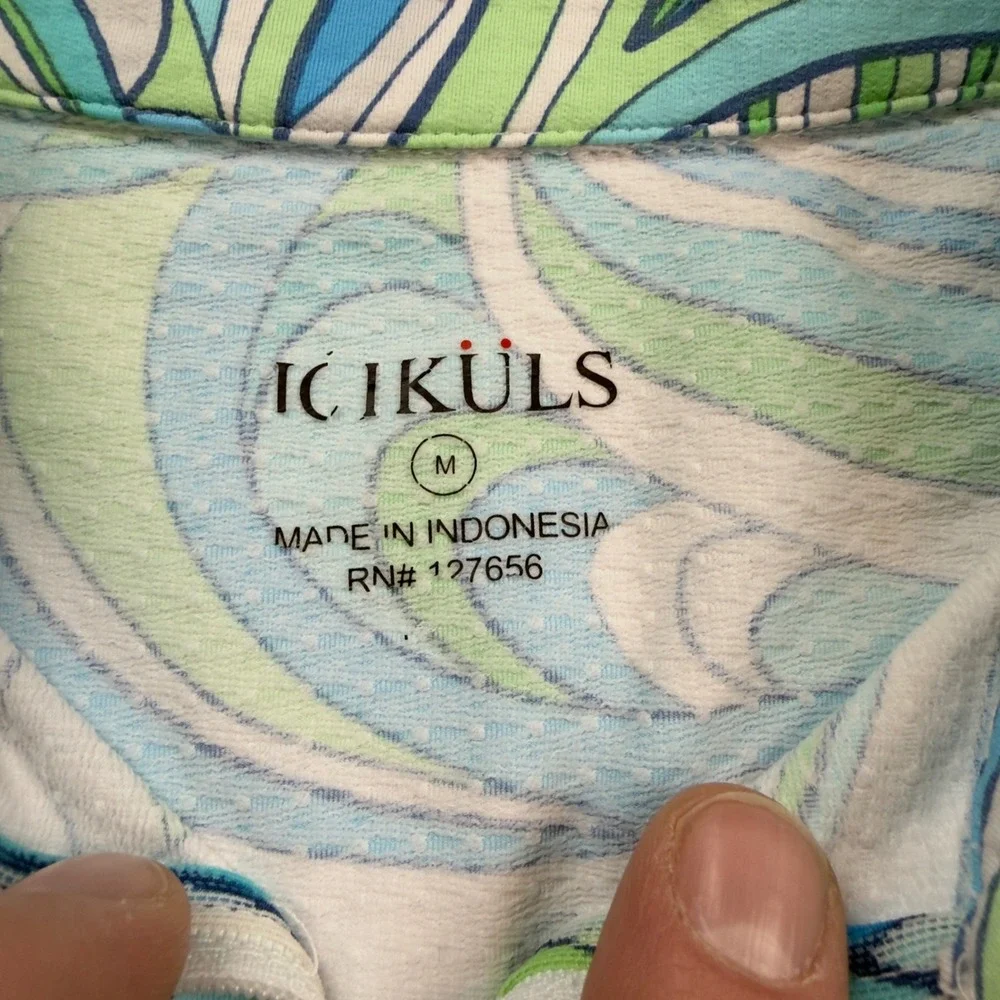 Icikuls Womens Sun Shirt Blue Green Geometric Print Quarter Zip Pullover Medium - Picture 2 of 7